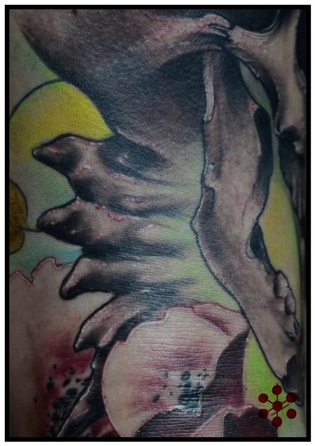 Tattoos - Close Up Skull & Skeleton, blood, flowers, neotraditional art nouveau, color, leg - 130845